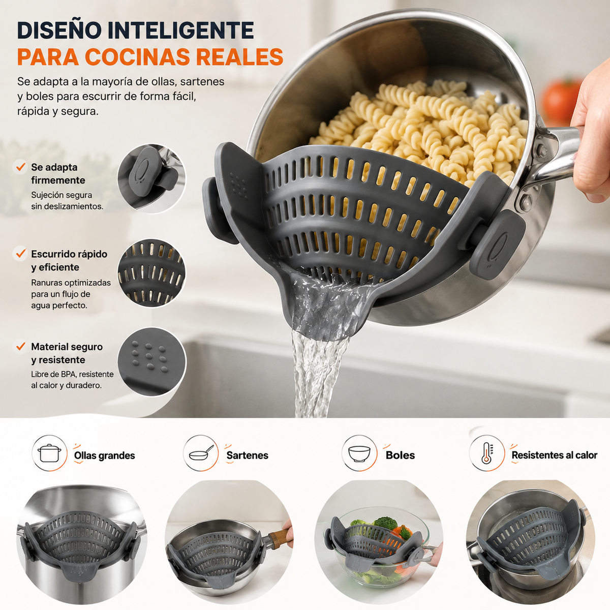 CuelatuPasta™ | Escurridor ajustable para ollas