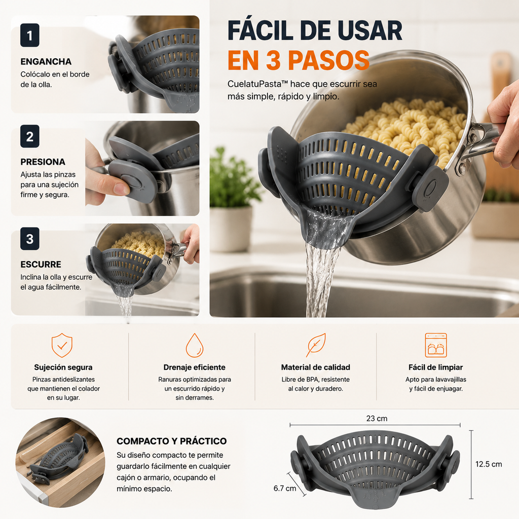 CuelatuPasta™ | Escurridor ajustable para ollas